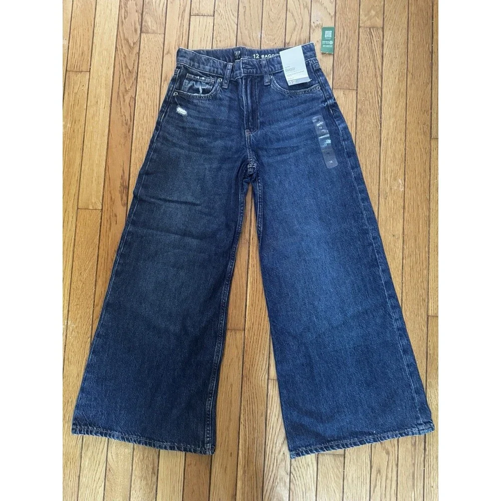 GAP Kids Girls Size 12 Mid Rise Baggy Wide Leg Dark Wash Denim Jeans NWT